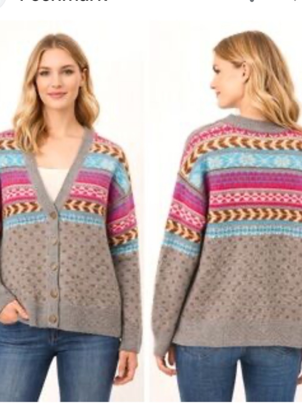 OBO- NWT Lucky Brand Gray Cardigan with Pink, Blue & Brown Fair Isle Yoke